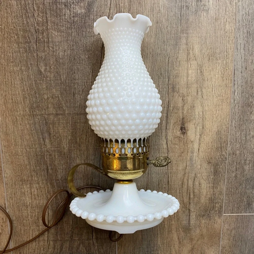 Vintage White Hobnail Milk Glass Hurricane Lamp Electric Ruffled Finger Loop
